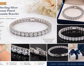 BR-02-PB-8cm--925 Silver Platinum Plated Moissanite Bracelet, Luxury Tennis Bracelet, Sparkling Wedding Jewelry Gift, Statement Bracelet