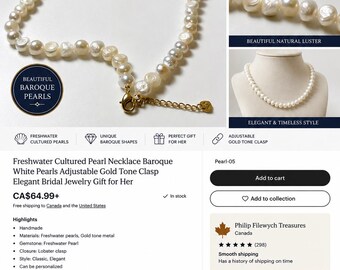 Pearl-05--Natural Freshwater Pearl Necklace | Baroque White Cultured Pearls | Adjustable Gold Tone Clasp | Classic Elegant Jewelry Gift