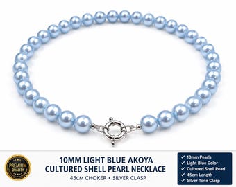 Pearl-31--10mm Light Blue Akoya Cultured Shell Pearl Necklace 45cm Choker | Elegant Women's Fashion Jewelry | Gift for Her