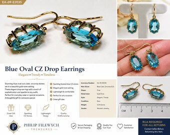 EA-09==Blue Oval CZ Drop Earrings Gold Tone | Elegant Dangle Earrings | Trendy Fashion Jewelry | Gift for Her | | Luxury Style