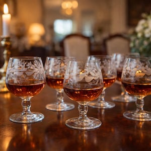 May include: Six clear, stemmed brandy glasses filled with amber liquid sit on a dark wooden table. Each glass features an etched floral design. A lit candle in a gold holder is in the background, along with a floral arrangement.
