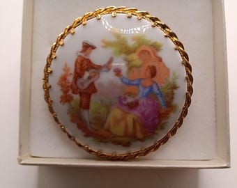 Vintage Limoges Brooch – BR-25 – Hand Painted Porcelain Courting Scene – Gold Rope Frame – Estate Sale