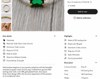 Ring-41--18K Gold Plated 925 Sterling Silver Emerald Cut Green CZ Ring | Size 7 Promise Ring