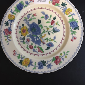 May include: Cream-colored vintage plate with a floral design. The plate features a central arrangement of blue, yellow, and pink flowers with green leaves. The rim has a scalloped edge and a blue floral border. The plate is 10.5 inches in diameter.