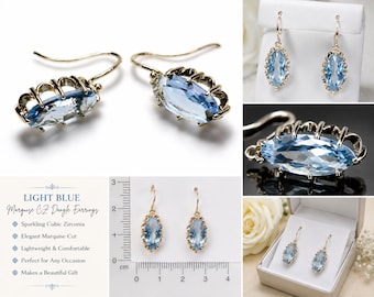 EA-07--Light Blue Marquise CZ Dangle Earrings Silver Tone Hook Earrings Elegant Crystal Drop Jewelry Gift for Her
