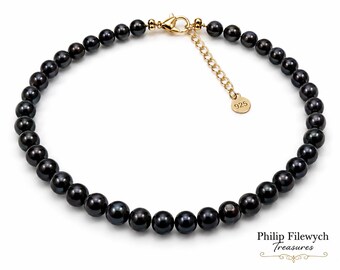 Pearl-24--Natural Black Freshwater Pearl Necklace 8–9mm AA Grade 16.5 Inch Choker 925 Stamped Clasp Gift for Her
