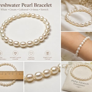 May include: A freshwater pearl bracelet featuring white and cream cultured pearls, each 5-6mm in size. The image shows the bracelet in various settings, including on a wrist and in a pouch. The text on the image reads "Freshwater Pearl Bracelet."