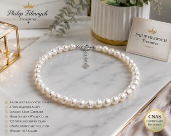 Pearl-28--White Freshwater Pearl Necklace 8-9mm AA Grade | 42cm Choker | 925 Sterling Silver Clasp | High Luster Baroque Pearls | CNAS Cert