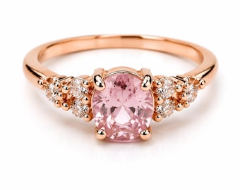Ring-42--Rose Gold Pink CZ Solitaire Ring Size 7 Side Accent Stones Romantic Fashion Jewelry