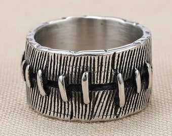 Gothic Stitched Stainless Steel Ring, Punk Grunge Jewelry
