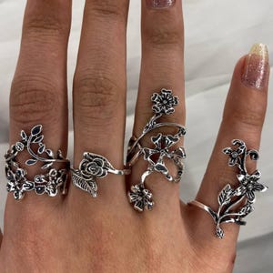 Verstelbare zilveren ring met bloemen, boho stapelringen