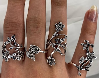 Adjustable Silver Floral Ring Set, Boho Stacking Rings