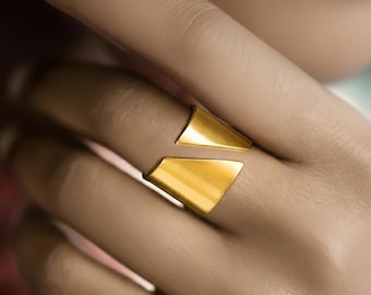 Gold Geometric Open Ring, Adjustable Wide Band, Waterproof