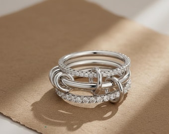 Silver Tone Interlocking Ring, CZ Stackable Statement Ring
