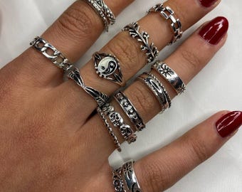 Set di anelli in argento: anelli impilabili da 14 pezzi con motivi Yin Yang e celestiali