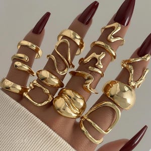 Set di anelli in metallo liquido, anelli impilabili in oro massiccio, regolabili