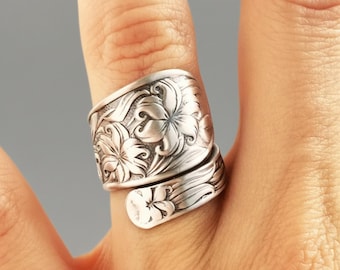 Floral Spoon Ring, Sterling Silver Boho Ring, Adjustable Flower Ring for Women, Vintage Style Statement Ring, Hippie Jewelry, Gift for Her