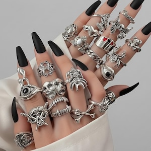 24 PCS Gothic Silver Ring Set, Adjustable Punk Rings