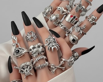 24 PCS Gothic Silver Ring Set, Dainty Punk Rings.
