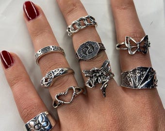 9PCS Silver Plated Ring Set: Butterfly, Floral, Bohemian