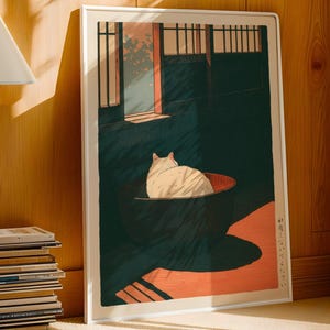 Japanese cat in bowl print, Japanese wall art, Takahashi Hiroaki style, Japanese woodblock print, Japandi decor, vintage Japanese art