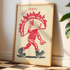 Taco Rebel Wall Art Print – Funny Kitchen Print, Cool Taco Character Illustration, Bold Red & Black Unframed Print, Quirky Wall Art Gift
