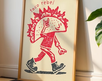 Taco Rebel Wall Art Print – Funny Kitchen Print, Cool Taco Character Illustration, Bold Red & Black Unframed Print, Quirky Wall Art Gift