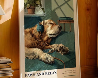 Stampa artistica Golden Retriever – Arte murale vintage con cane per amanti dei cani, cane con cuffie, regalo Golden Retriever, decorazione boho retrò per cani