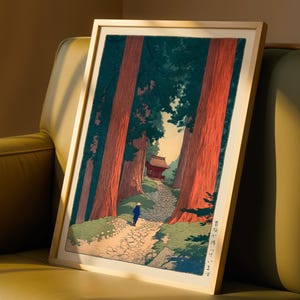 Impresión de bosque de cedros japoneses: arte mural japonés inspirado en Hasui Kawase, impresión de naturaleza, ilustración en xilografía estilo ukiyo-e, arte mural forestal