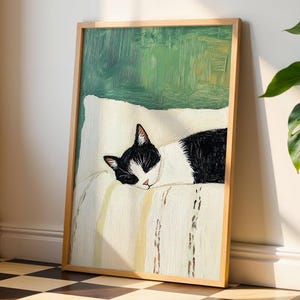 Stampa di gatto addormentato - opera d'arte di gatto in bianco e nero, dipinto di gatto, arte murale di gatto, poster di gatto, stampa di gatto, arte di gatto addormentato, regalo per gli amanti dei gatti