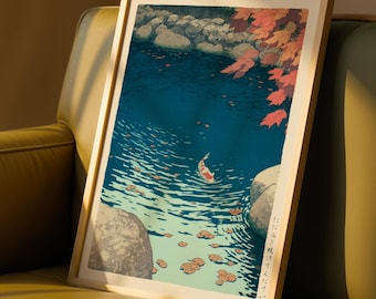 Impresión artística japonesa de peces koi en estilo xilográfico vintage para decoración de paredes zen, interiores wabi sabi, casas de playa o diseño de hogar de inspiración asiática.