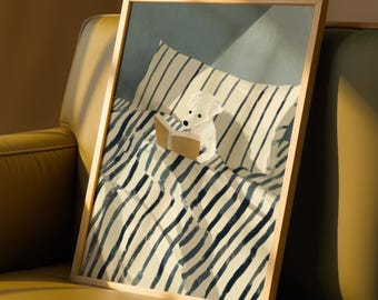 Lesender Hund Wand Kunst Druck - Gemütlicher Hund im Bett Illustration, Gestreifte Decke Buchliebhaber Poster, Skurriles Schlafzimmer Dekor, Ungerahmt