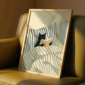 Cat Reading Print – Black Cat Wall Art, Cosy Bedroom Poster, Book Lover Cat Illustration, Cat in Bed Print, Reading Decor, Cat Book Art