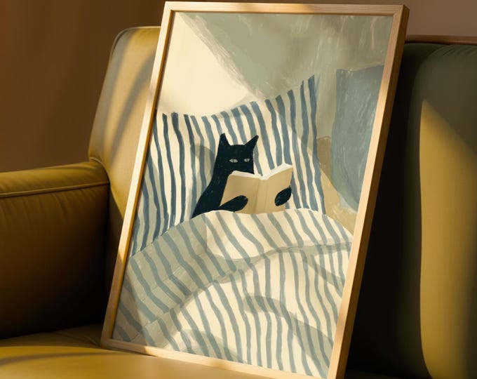Cat Reading Print – Black Cat Wall Art, Cosy Bedroom Poster, Book Lover Cat Illustration, Cat in Bed Print, Reading Decor, Cat Book Art