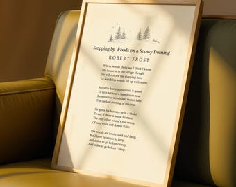 Stampa della poesia "Sosta nei boschi in una sera di neve" di Robert Frost - Arte murale letteraria - Poster di poesia minimalista - Stampa di citazioni ispiratrici