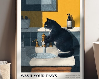 Black Cat Bathroom Wall Art Print – “Wash Your Paws” Poster – Funny Cat Wall Art for Toilet, Cat Lovers Gift, Bathroom Decor, Dopamine Decor