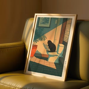 Japanese Cat Toilet Print, Cat Bathroom Wall Art, Hasui Kawase Style Art, Hiroaki Takahashi Inspired, Funny Toilet Poster, Japanese Decor
