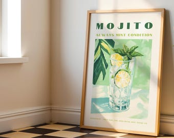 Stampa Mojito – Arte murale con ricetta Mojito retrò, stampa cocktail per cucina o bar, poster Mojito al lime e menta, arte botanica Mojito