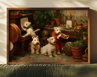 Vintage Dog Jazz Band Wall Art Print – Funny Animal Painting Print, Music Room Decor, Rustic Pet Lover Gift, Playful Vintage Dog Artwork