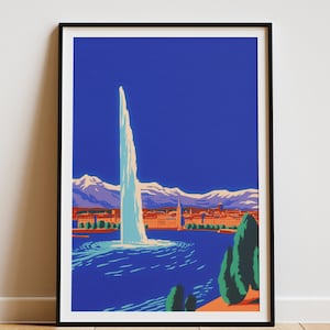 Lake Geneva Print – Jet d’Eau Poster, Geneva Wall Art, Switzerland Travel Print, Swiss Cityscape, Fountain Illustration, Scenic Decor