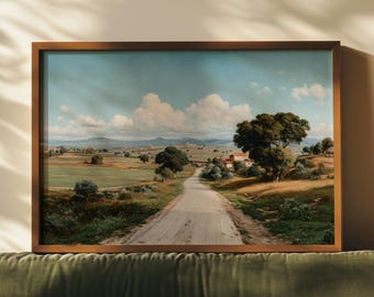 Vintage Landstraße Wand Kunst Druck - Rustikale Landschaftsmalerei, Bauernhaus Wanddekoration, Landhaus Kunstwerk, Vintage Naturszene