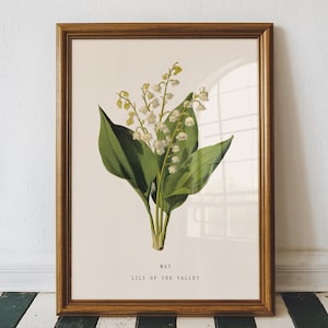 Impression de fleur de naissance de muguet de mai, fleur de naissance de mai, art mural botanique vintage, cadeau d'anniversaire de mai pour elle, impression de muguet