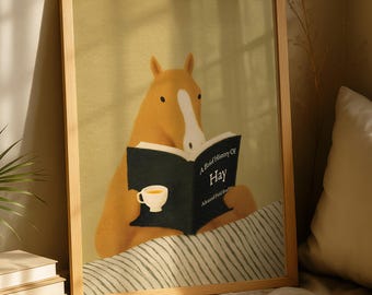Horse Reading Print, Funny Horse Wall Art Poster, Cozy Animal Art for Bedroom or Farmhouse, Horse Print Coffee Bed Illustration