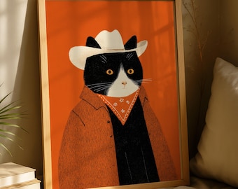 Divertente stampa artistica da parete con gatto cowboy, illustrazione di gatto western, poster di gatto divertente, decorazione da parete Meowdy Partner, regalo per gli amanti dei gatti