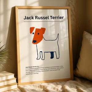 Może przedstawiać: Oprawiony wydruk artystyczny przedstawiający minimalistyczny rysunek liniowy teriera Jack Russell z białym tułowiem, pomarańczową łatą na głowie i ciemnoniebieskimi akcentami. Tekst brzmi Jack Russel Terrier i zawiera definicję.