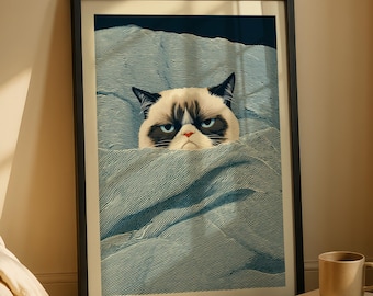 Grumpy Cat Wall Art Print, humeurige kat illustratie, grappige kat muur decor, gezellige slaapkamer muur kunst, vintage kattenposter, kattenliefhebber cadeau