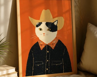 Cowboy Cat Wall Art Print, Funny Western Cat Illustration, Meowdy Partner Cat Poster, Western Style Wall Decor, Cat Lover Gift