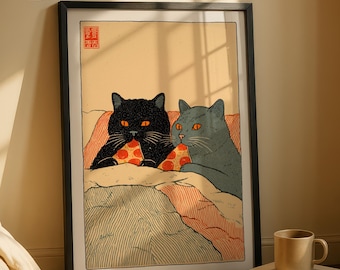 Impresión de pizza de gato, arte de pared de pareja de gatos adorables, ilustración de estilo japonés, decoración de pared de cocina caprichosa, póster divertido de gato, regalo para amantes de la pizza