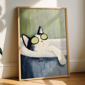 Lustige Spa-Katzen Wandkunst, entspannendes Katzenbad Poster, lustiges Haustier-Dekor, Katzenliebhaber Geschenk