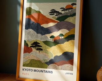 Kyoto Mountains Vintage Art Print – Japanese Mountain Landscape Poster, Japandi Nature Wall Decor for Living Room or Office
